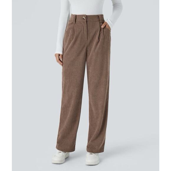 NWT Halara High Waisted Button Zipper Side Pocket Corduroy Pants Acorn Brown M - Picture 1 of 4